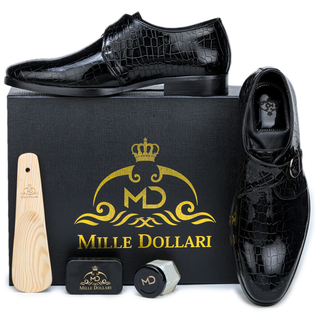 Versatile Eleganc Black Single Patent Croco Monkstrap