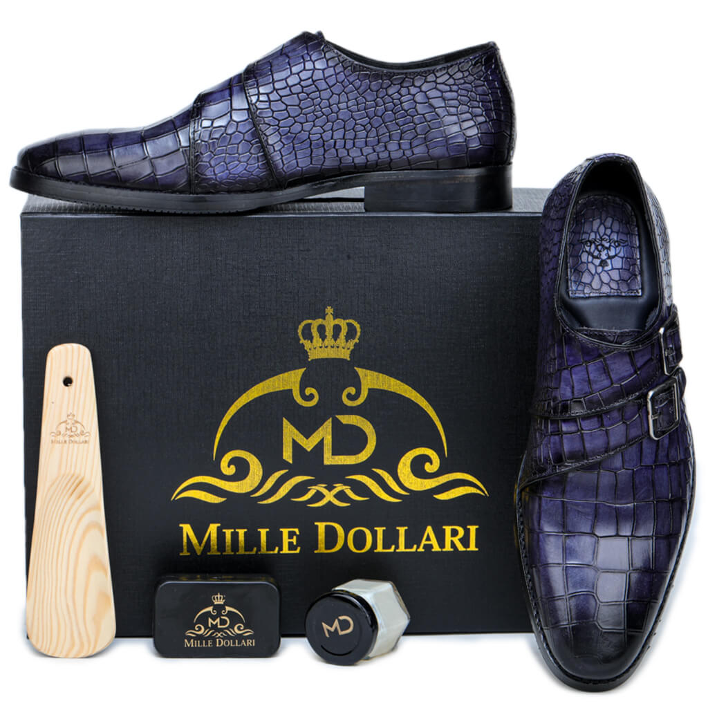 Unparalleled Luxury: Blue Patina Finish Double Monkstrap with Croco Texture