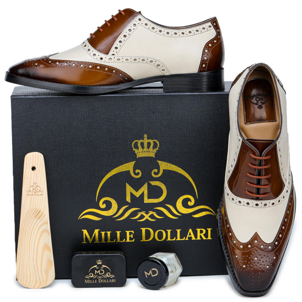 Brown & White Mirror Glossed Spectator Wingtip Oxfords