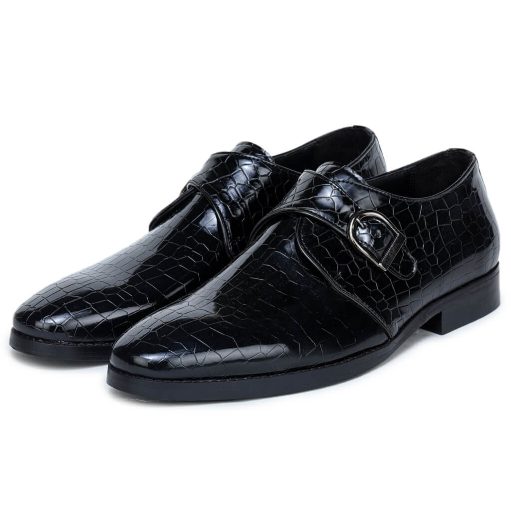 Versatile Eleganc Black Single Patent Croco Monkstrap