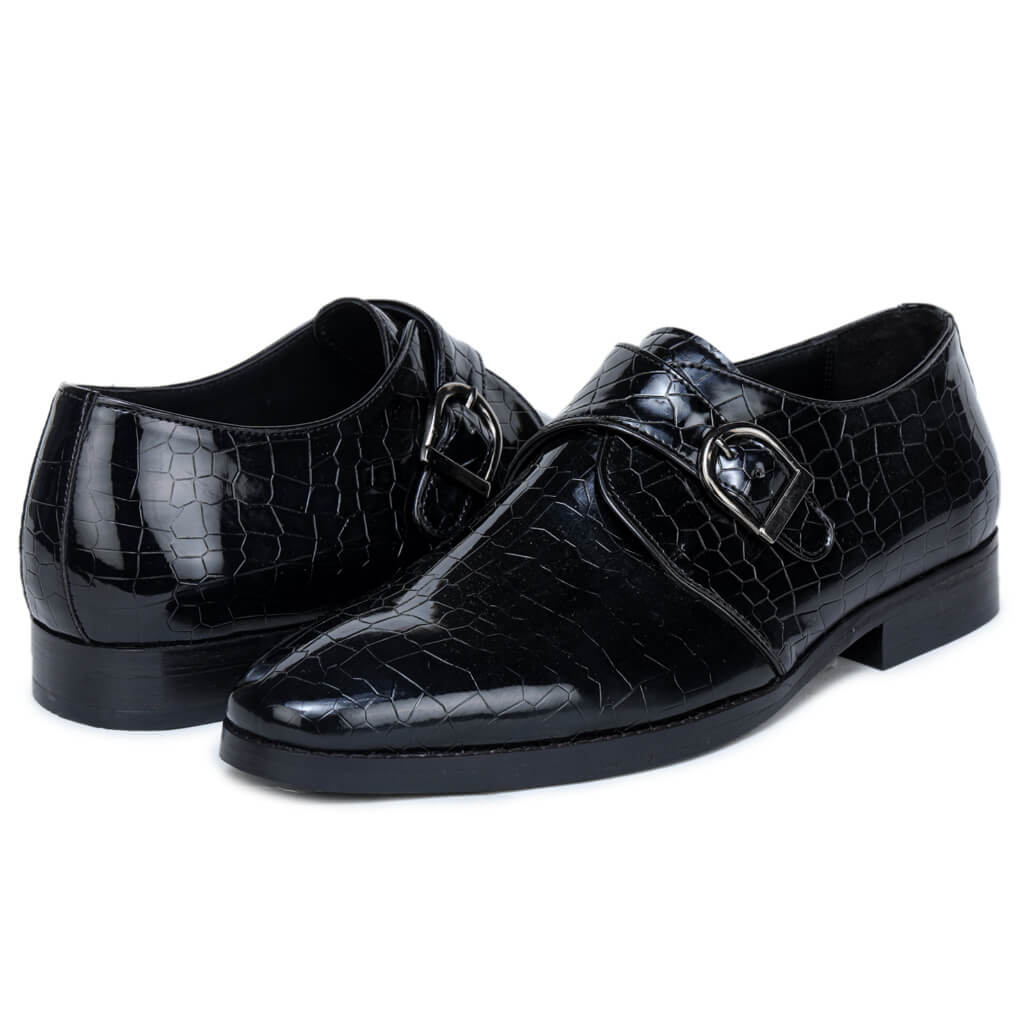 Versatile Eleganc Black Single Patent Croco Monkstrap