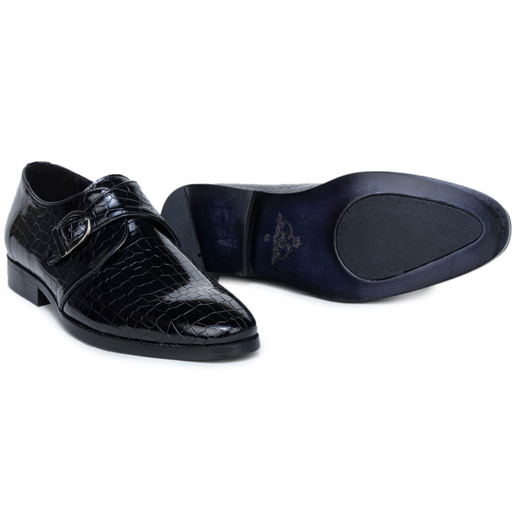 Versatile Eleganc Black Single Patent Croco Monkstrap