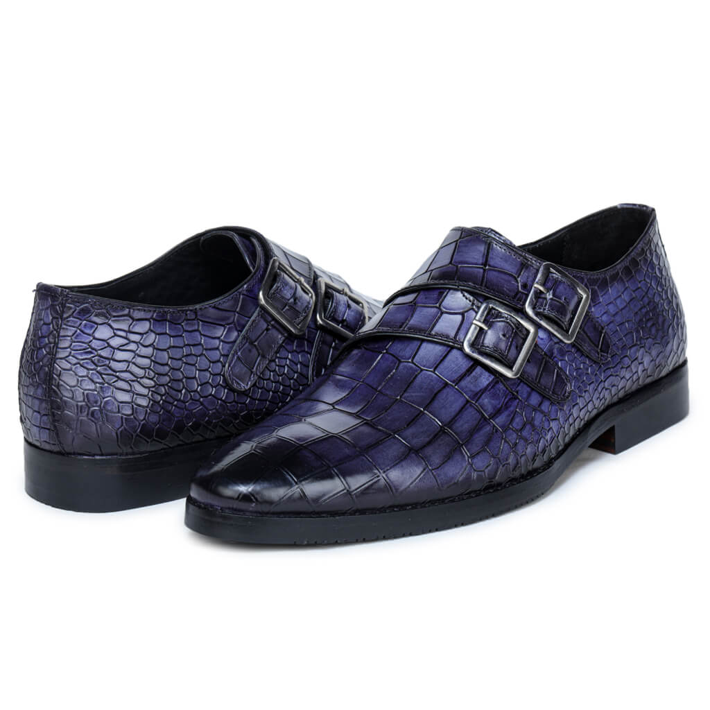 Unparalleled Luxury: Blue Patina Finish Double Monkstrap with Croco Texture
