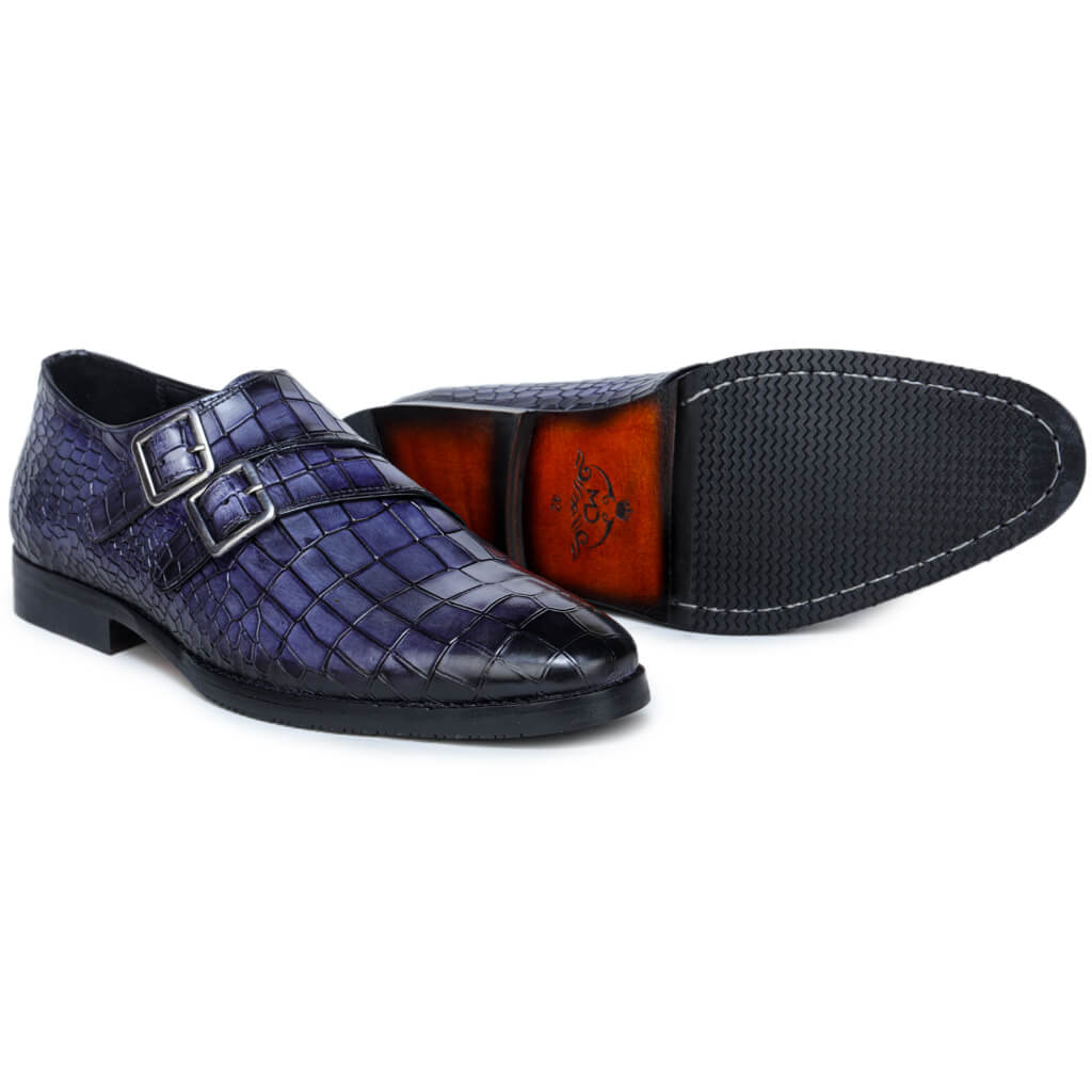 Unparalleled Luxury: Blue Patina Finish Double Monkstrap with Croco Texture