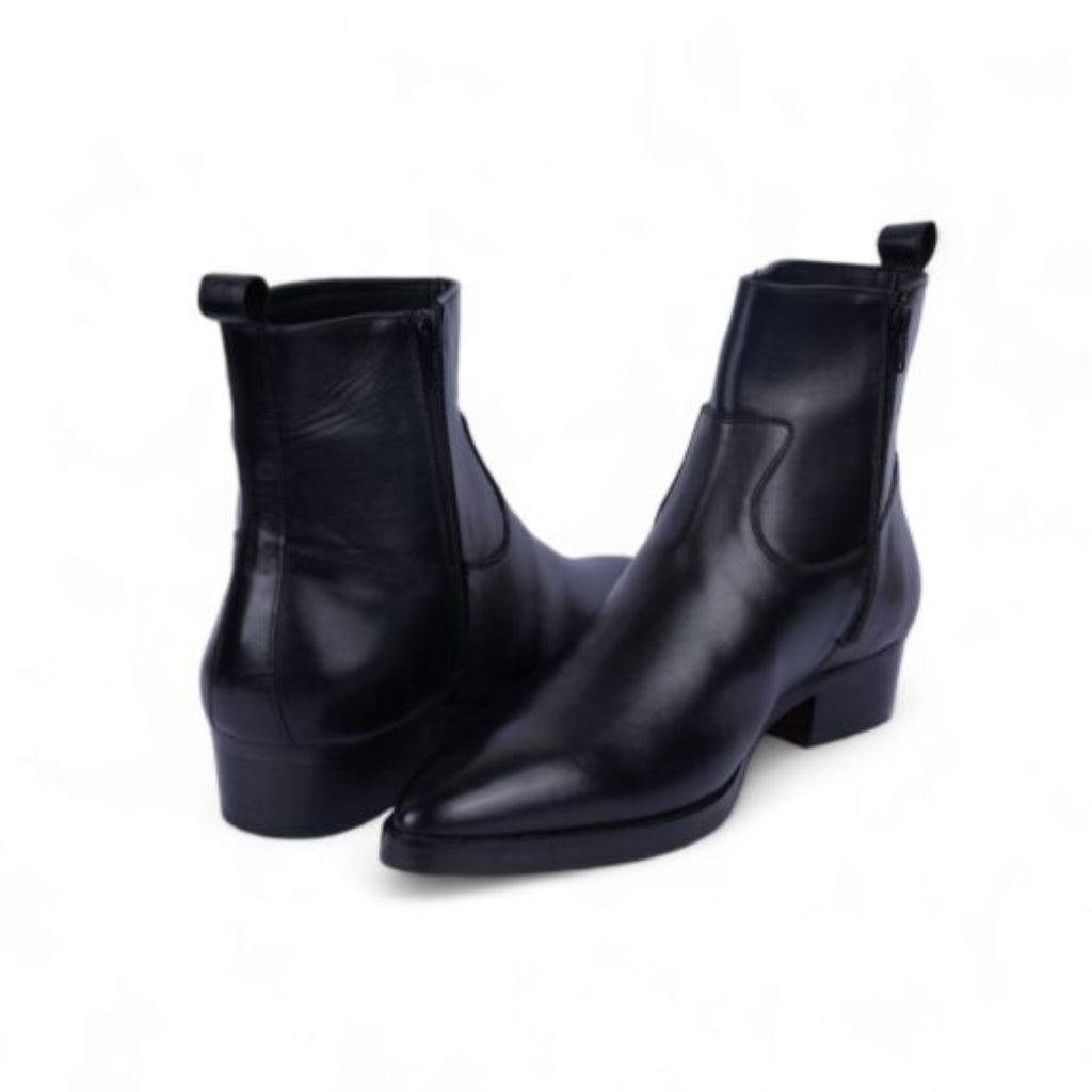 Black Leather Fiorina Slip On Zipper Pointed Boots for Men – AW25