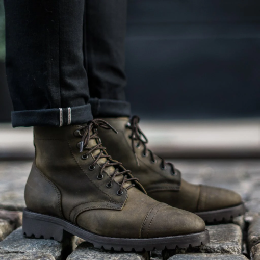 Olive Matte Welt Boots with tough Olive matte leather, Goodyear welt construction, glove leather lining, antimicrobial insoles, Kevlar® blend laces, steel shanks, reinforced eyelets, cork-bed midsoles, and studded rubber outsoles.