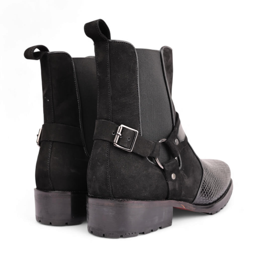 Black Viper Croc-Embossed Leather Boots with Rugged Rubber Sole