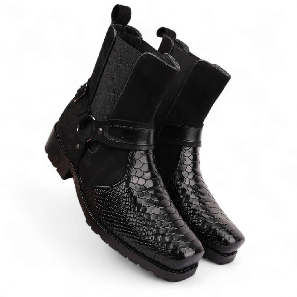 Black Viper Croc-Embossed Leather Boots with Rugged Rubber Sole