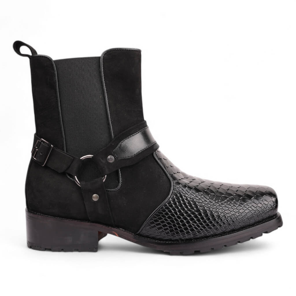 Black Viper Croc-Embossed Leather Boots with Rugged Rubber Sole