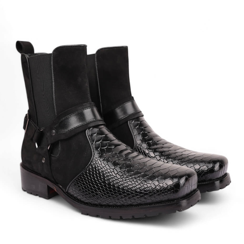 Black Viper Croc-Embossed Leather Boots with Rugged Rubber Sole