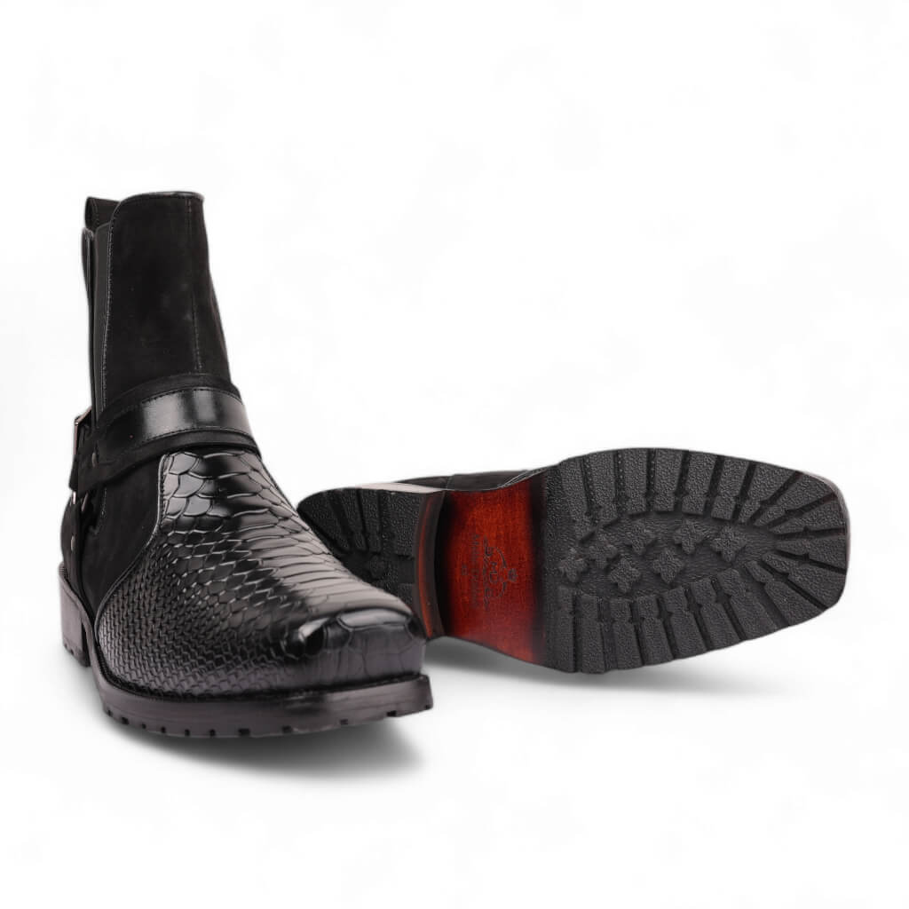Black Viper Croc-Embossed Leather Boots with Rugged Rubber Sole