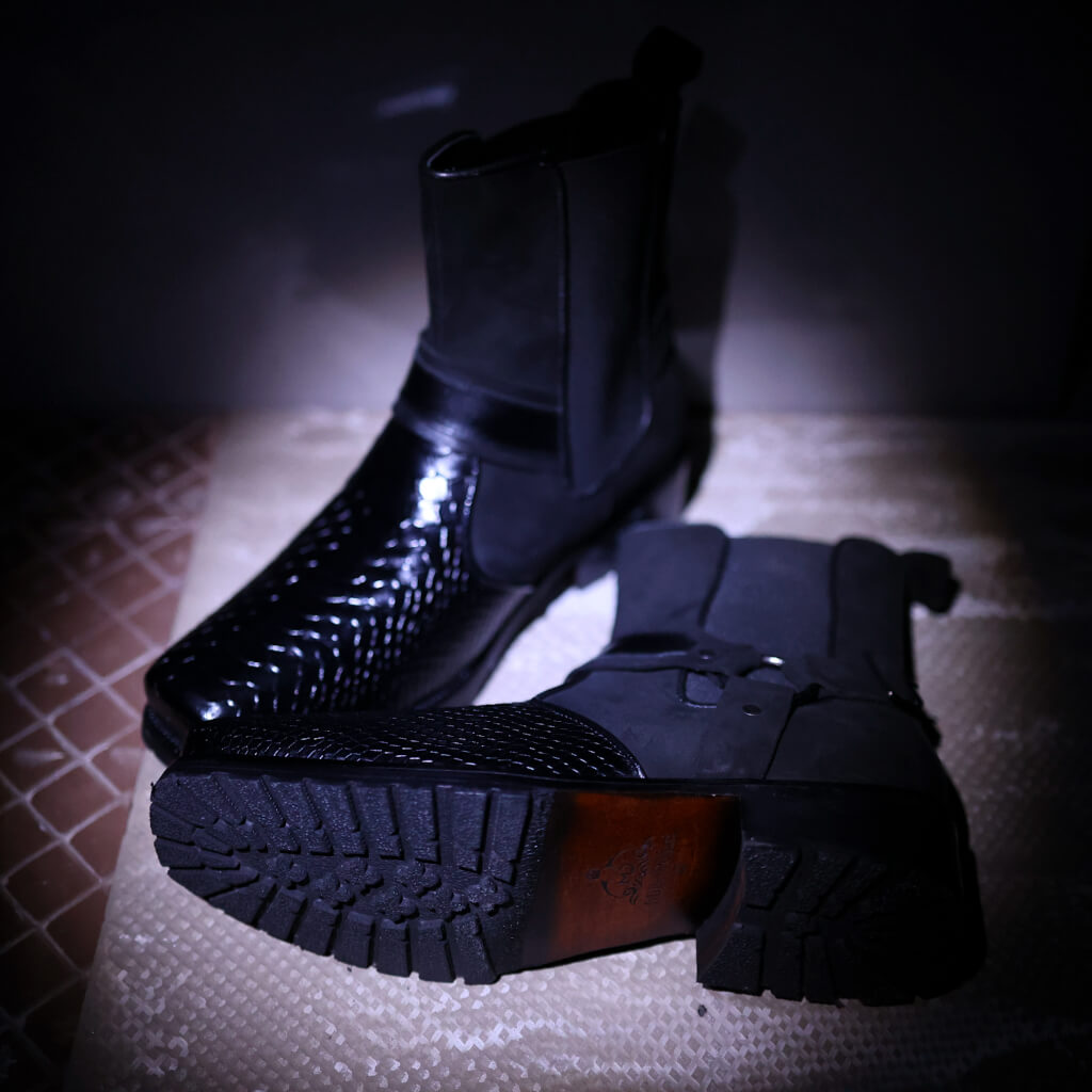 Black Viper Croc-Embossed Leather Boots with Rugged Rubber Sole