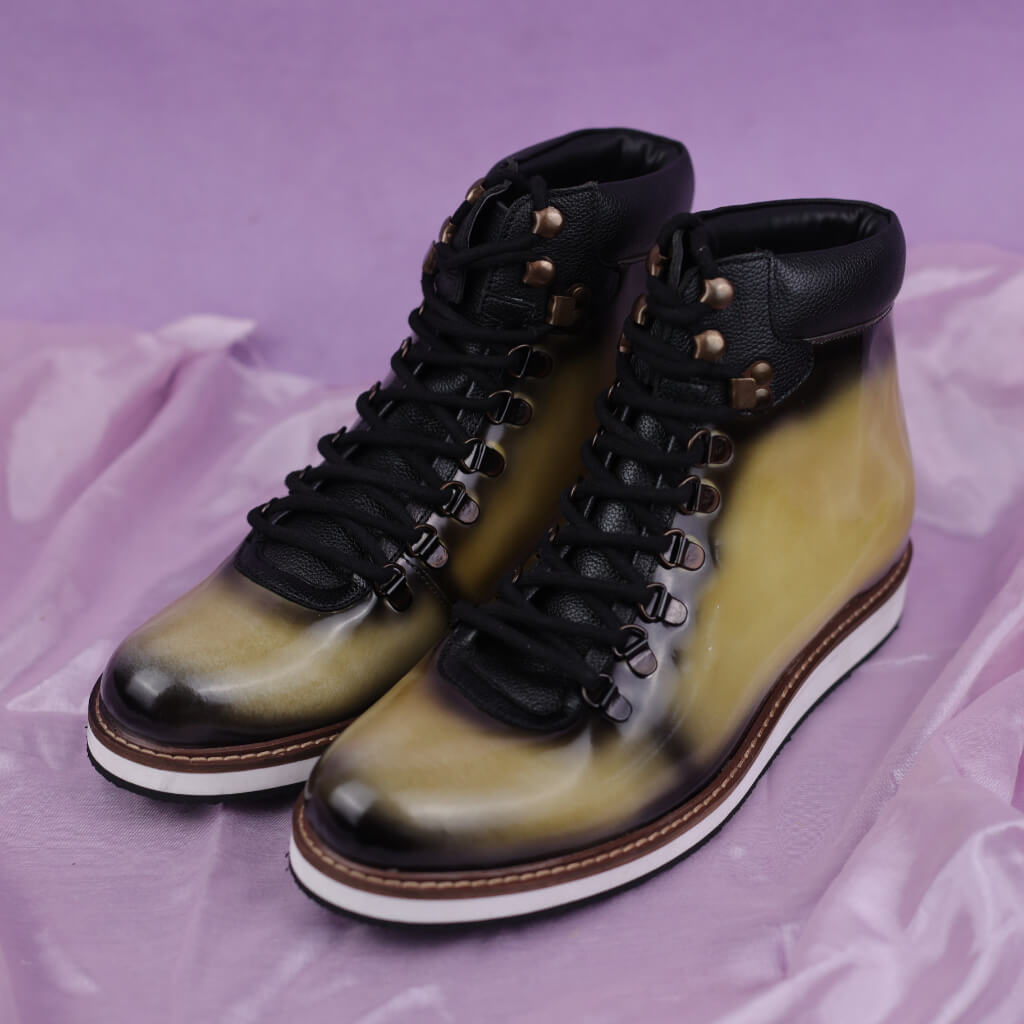A pair of Bespoke Patent Hiker Style Lace-Up Boots featuring a striking green patent finish and a sleek black toe. The boots have a patent patina finish for sophistication, an EVA sole for lightweight comfort, and excellent durability, making them versatile for both urban and outdoor adventures.