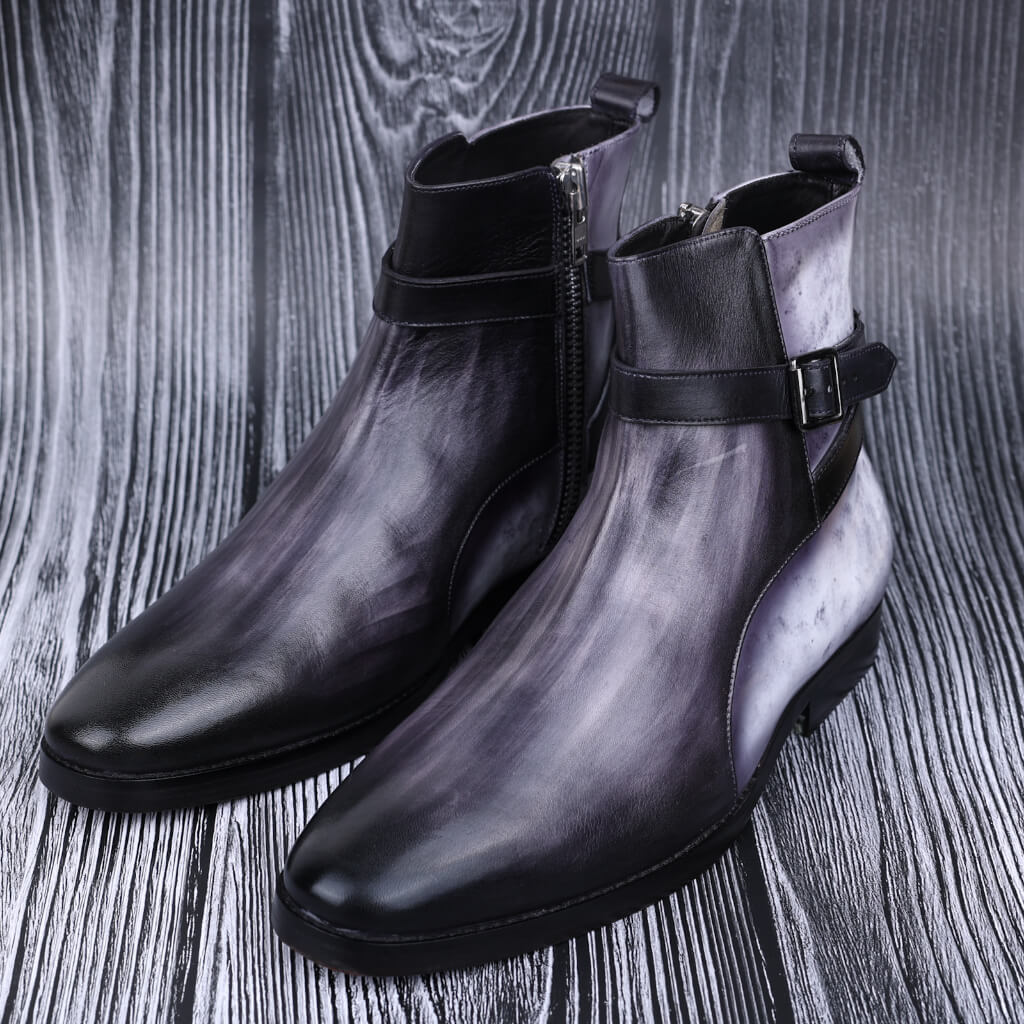 Obsidian Stride: Patina Grey and Black Boots