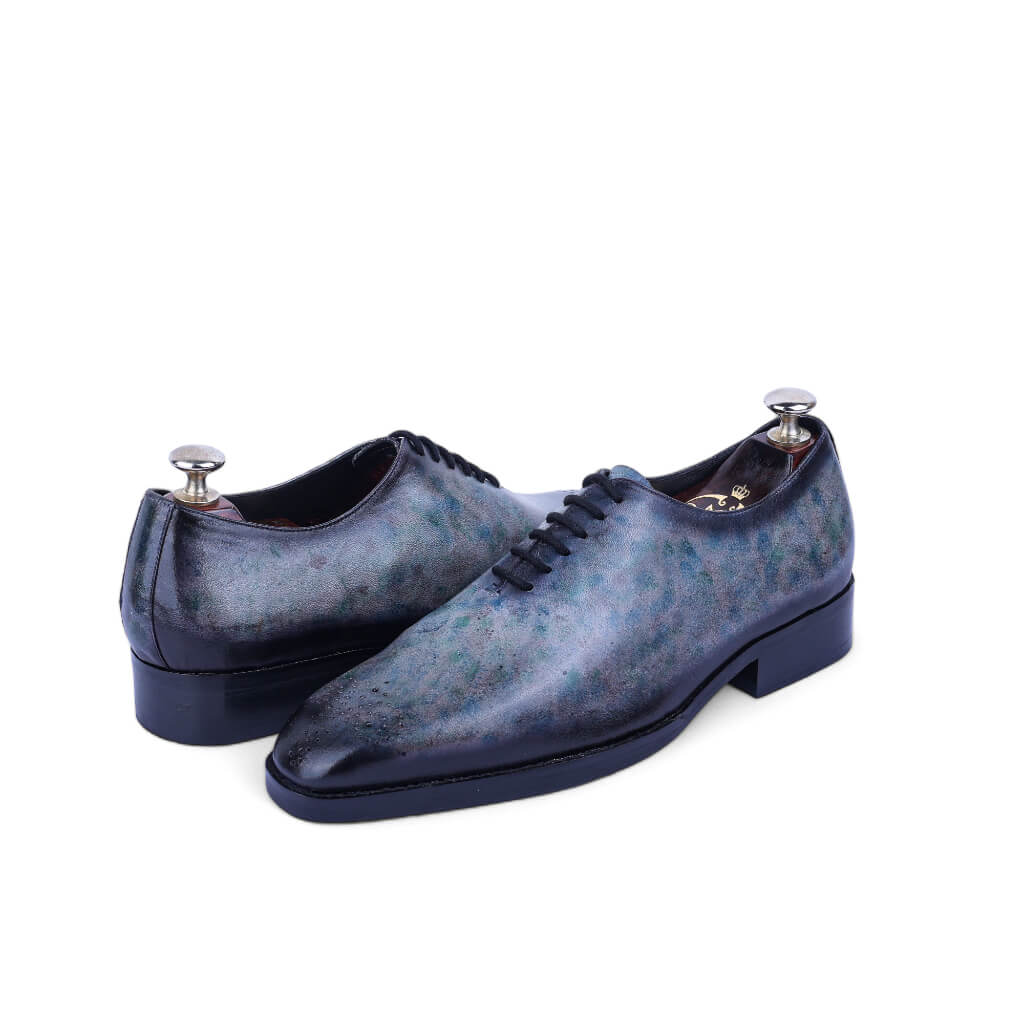 Eclipse Elegance: Grey Marble Patina Wholecut Derby Shoes