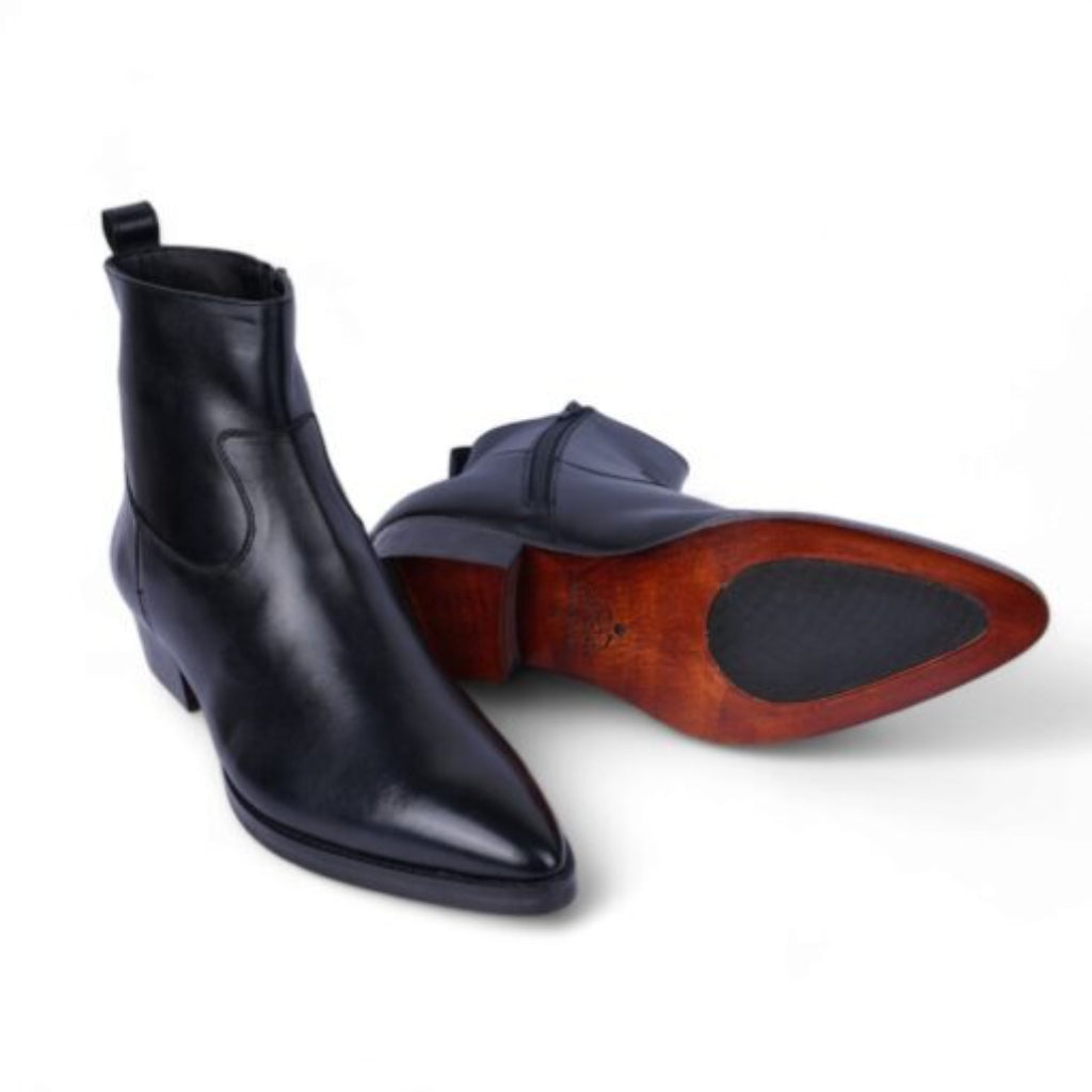 Black Leather Fiorina Slip On Zipper Pointed Boots for Men – AW25