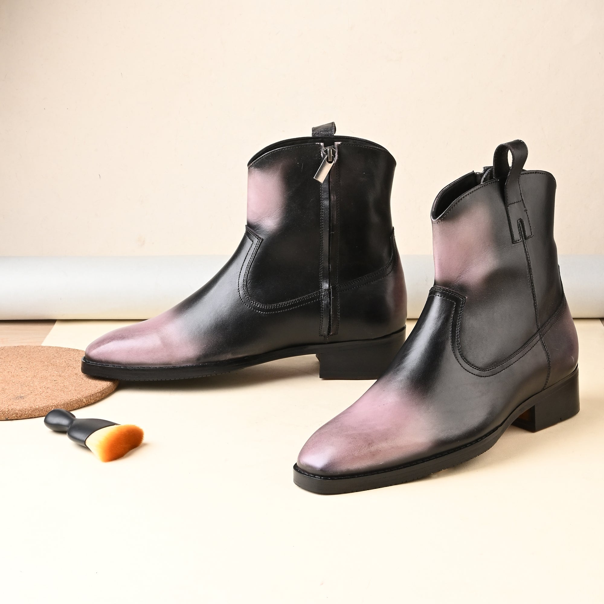 Men’s Gradient Black & Pink Leather Ankle Boots – Stylish Hand-Painted Zip Boots for Formal & Casual Wear