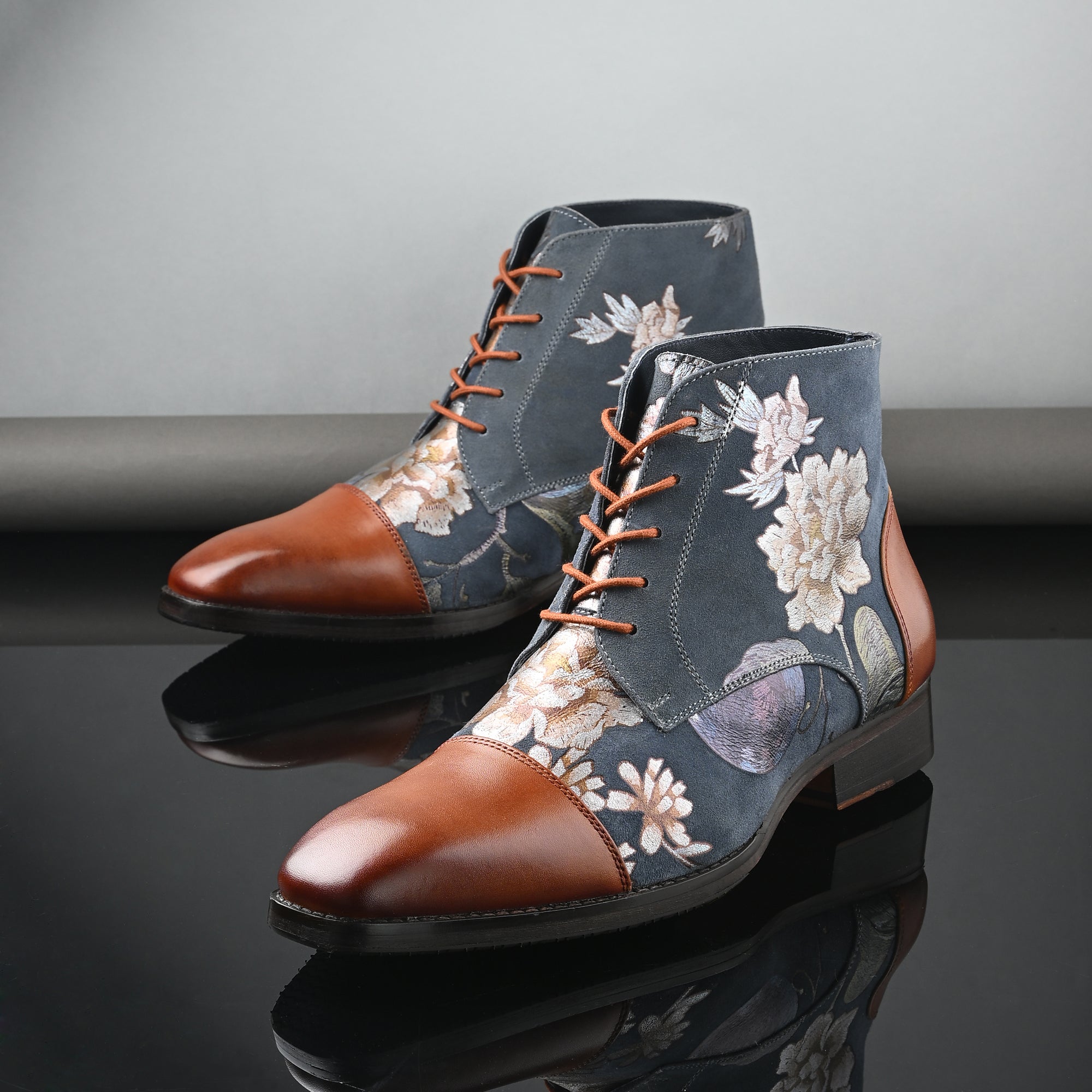 Men's Floral Printed Leather Boots – Stylish Handcrafted Ankle Boots f