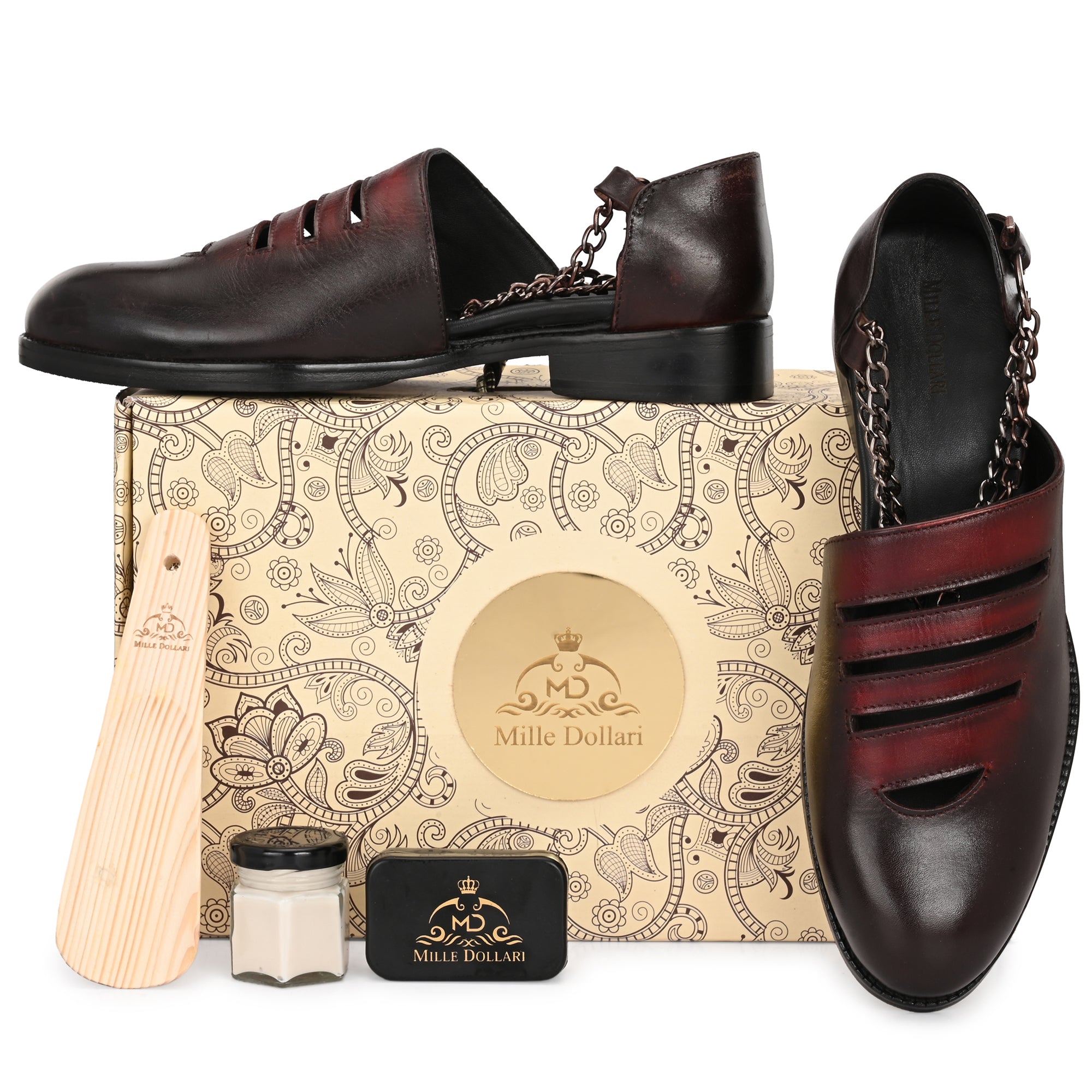 Handcrafted Men’s Leather Cut-Out Sandals with Chain Strap