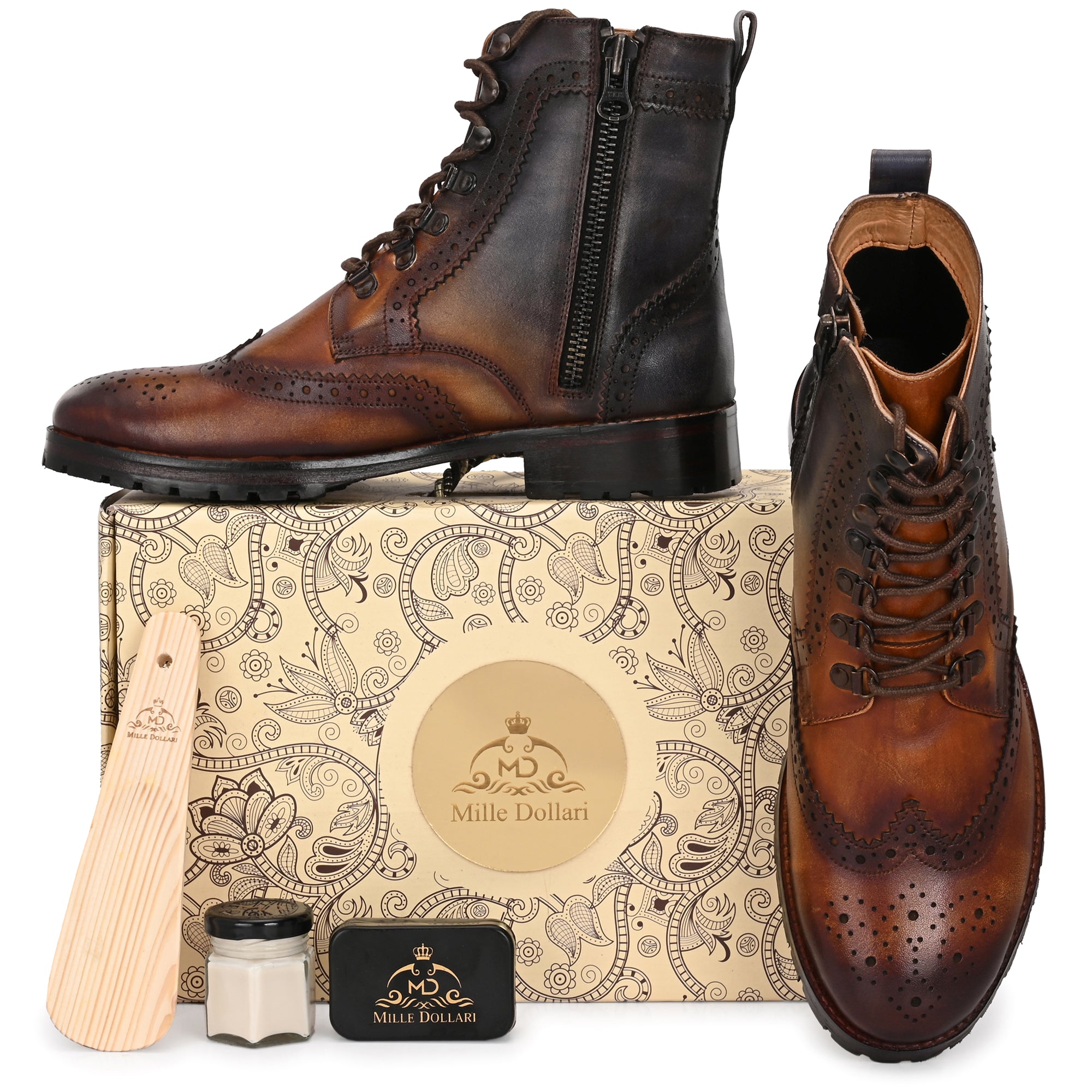 Men’s Brogue Leather Boots – Premium Handcrafted Wingtip Lace-Up Ankle Boots