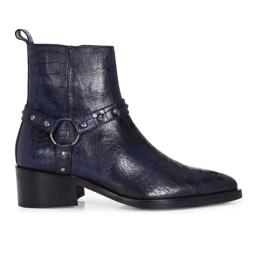Midnight Blue Croc-Embossed Cowboy Boots with Harness Detailing
