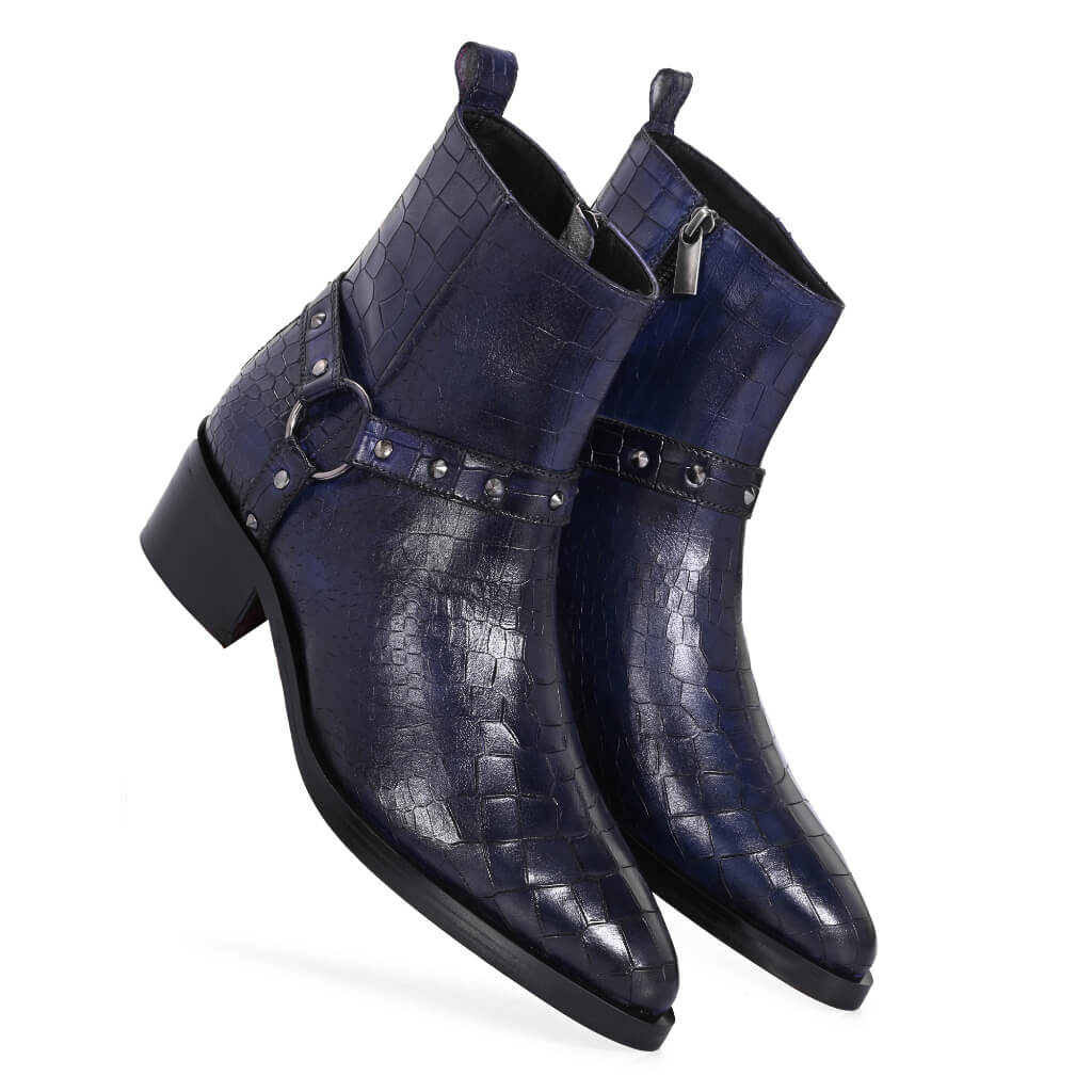 Midnight Blue Croc-Embossed Cowboy Boots with Harness Detailing
