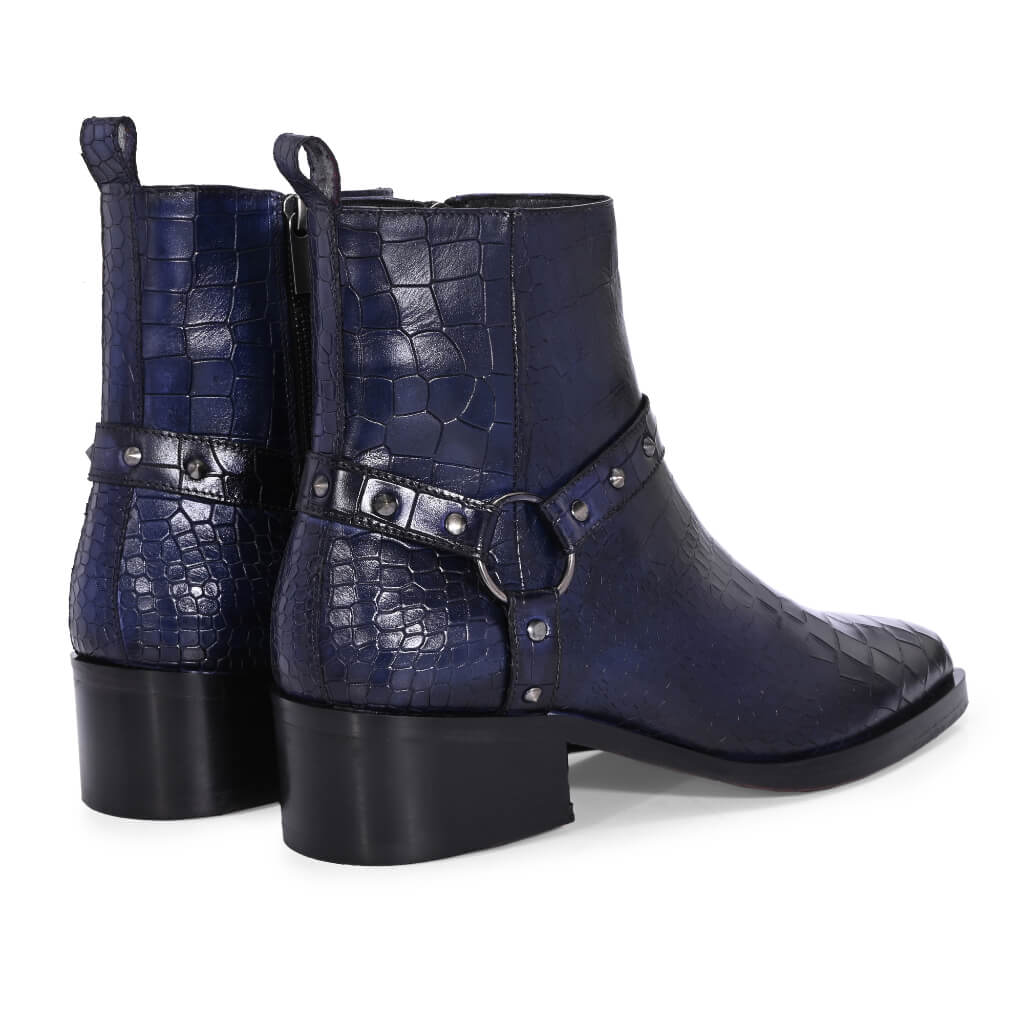 Midnight Blue Croc-Embossed Cowboy Boots with Harness Detailing