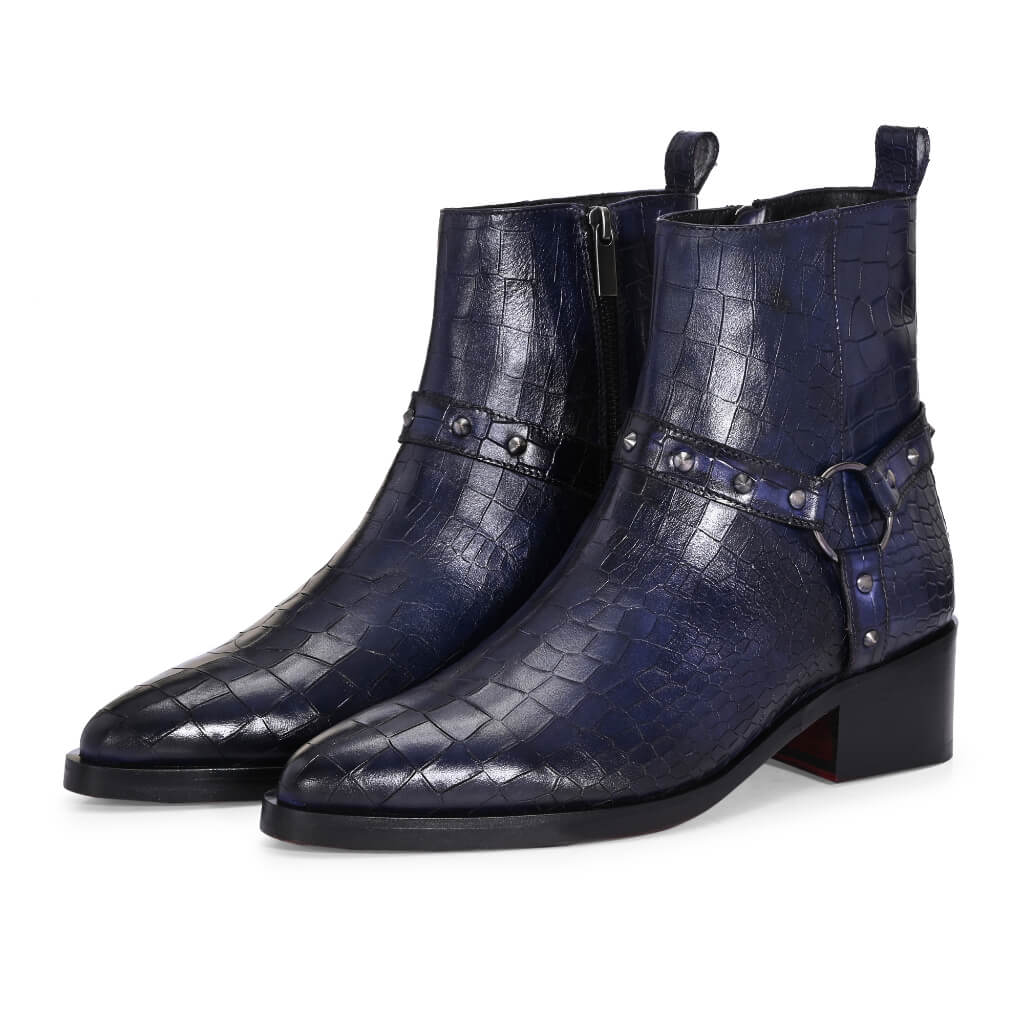 Midnight Blue Croc-Embossed Cowboy Boots with Harness Detailing