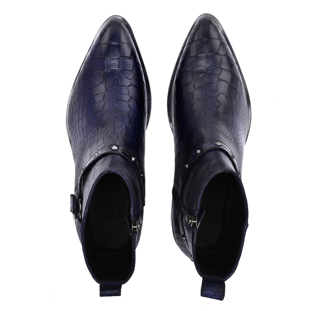 Midnight Blue Croc-Embossed Cowboy Boots with Harness Detailing