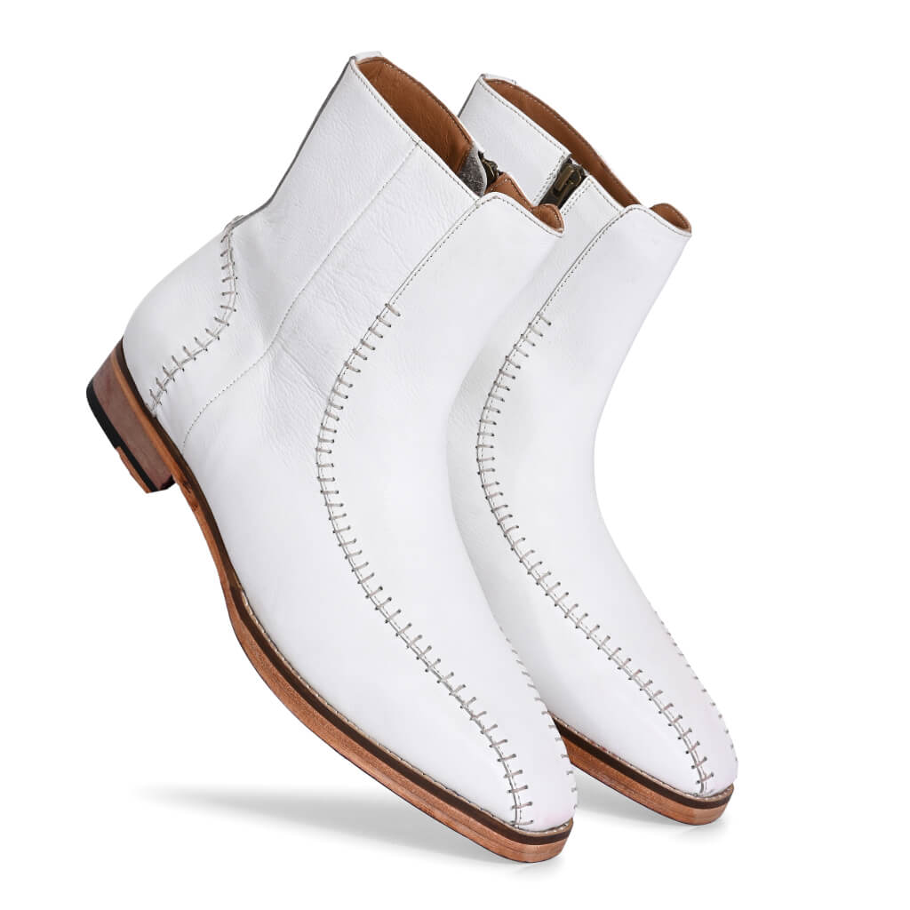 Exquisite Handcrafted White Leather Boots with Intricate Stitching