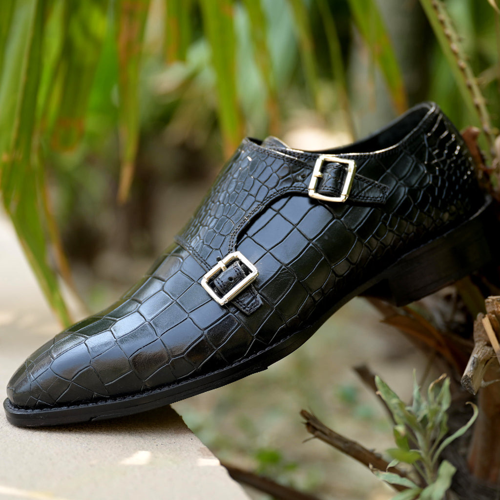 Leroy Double Monkstrap in Black with embossed design – a luxurious handcrafted shoe by Mille Dollari, perfect for tuxedos and designer suits.
