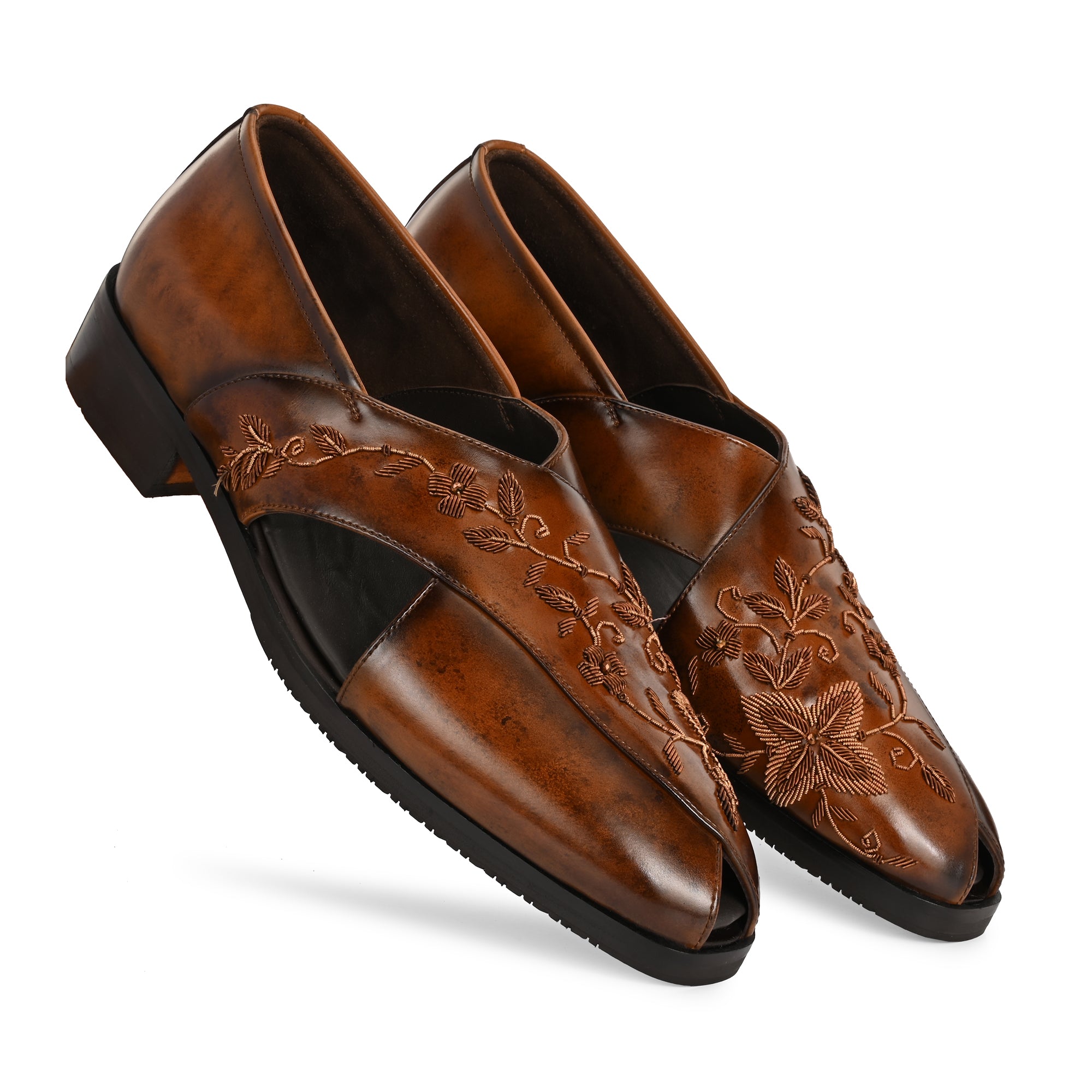 Handcrafted Men’s Brown Embossed Leather Sandals