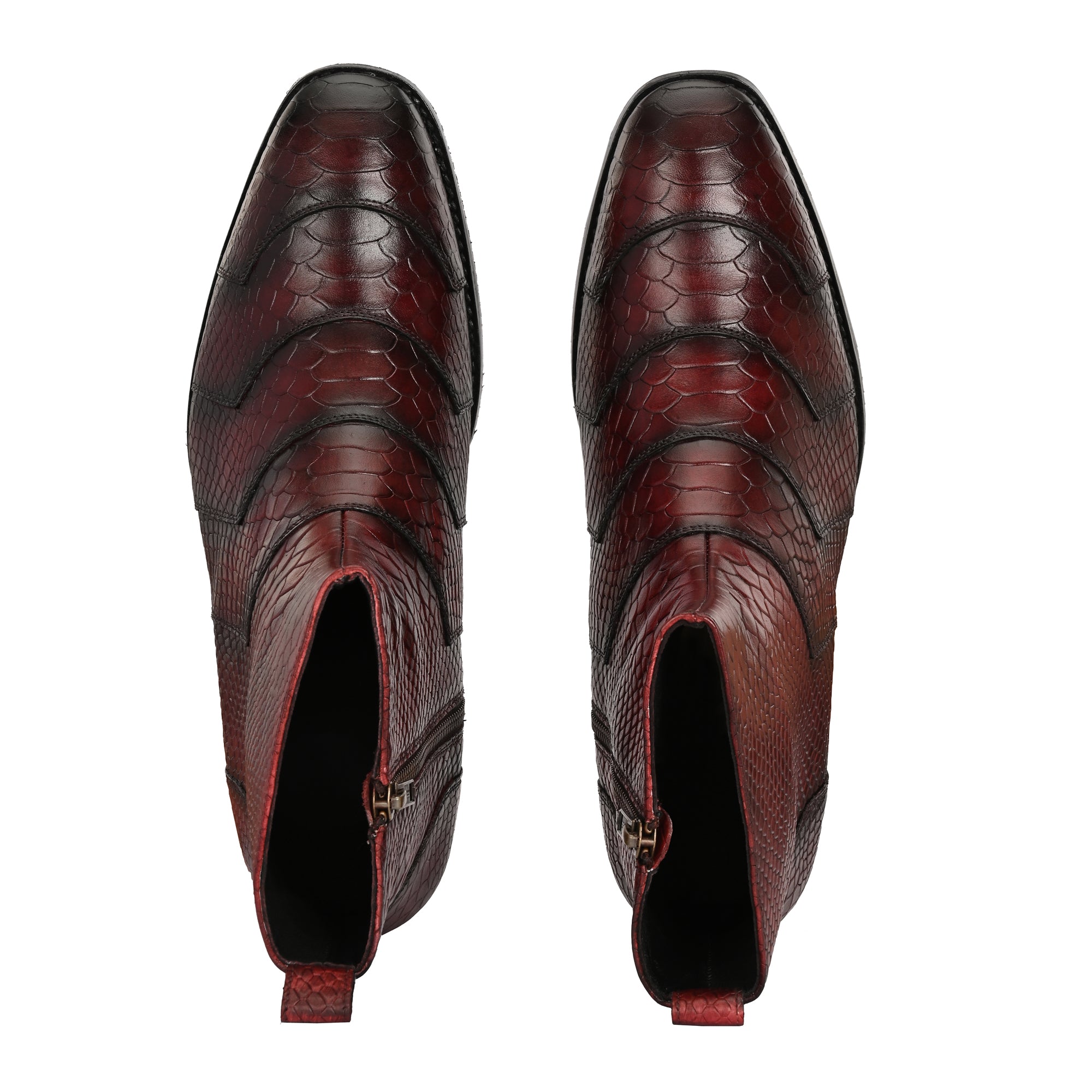 Premium Burgundy Python-Print Leather Ankle Boots for Men
