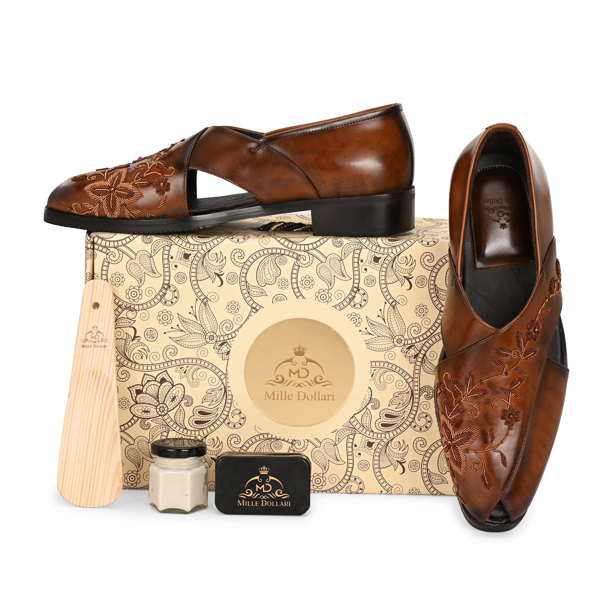 Handcrafted Men’s Brown Embossed Leather Sandals