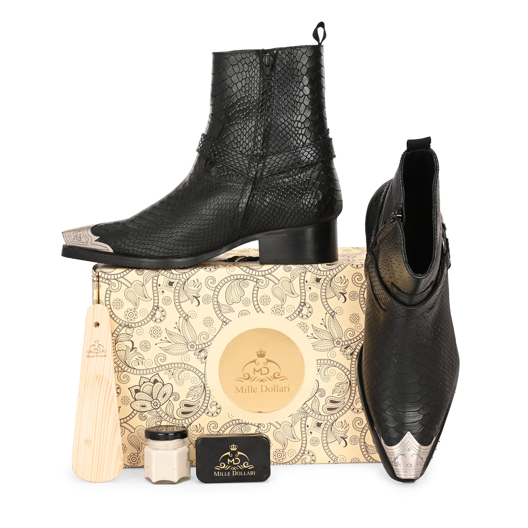 Men’s Black Snakeskin Leather Western Ankle Boots with Metal Toe Cap