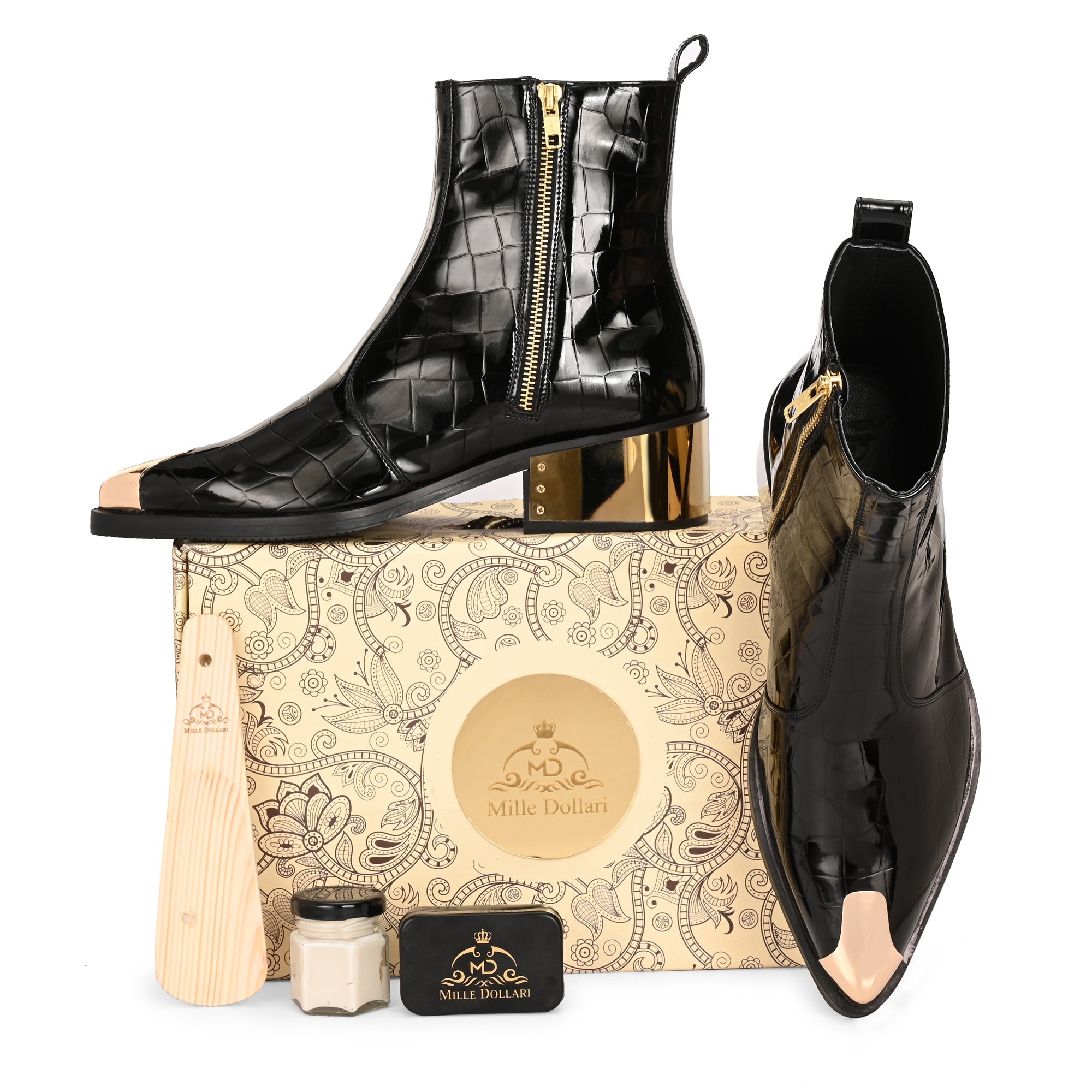 Luxury Black Patent Croc Leather Men’s Ankle Boots with Gold Toe Cap & Heel