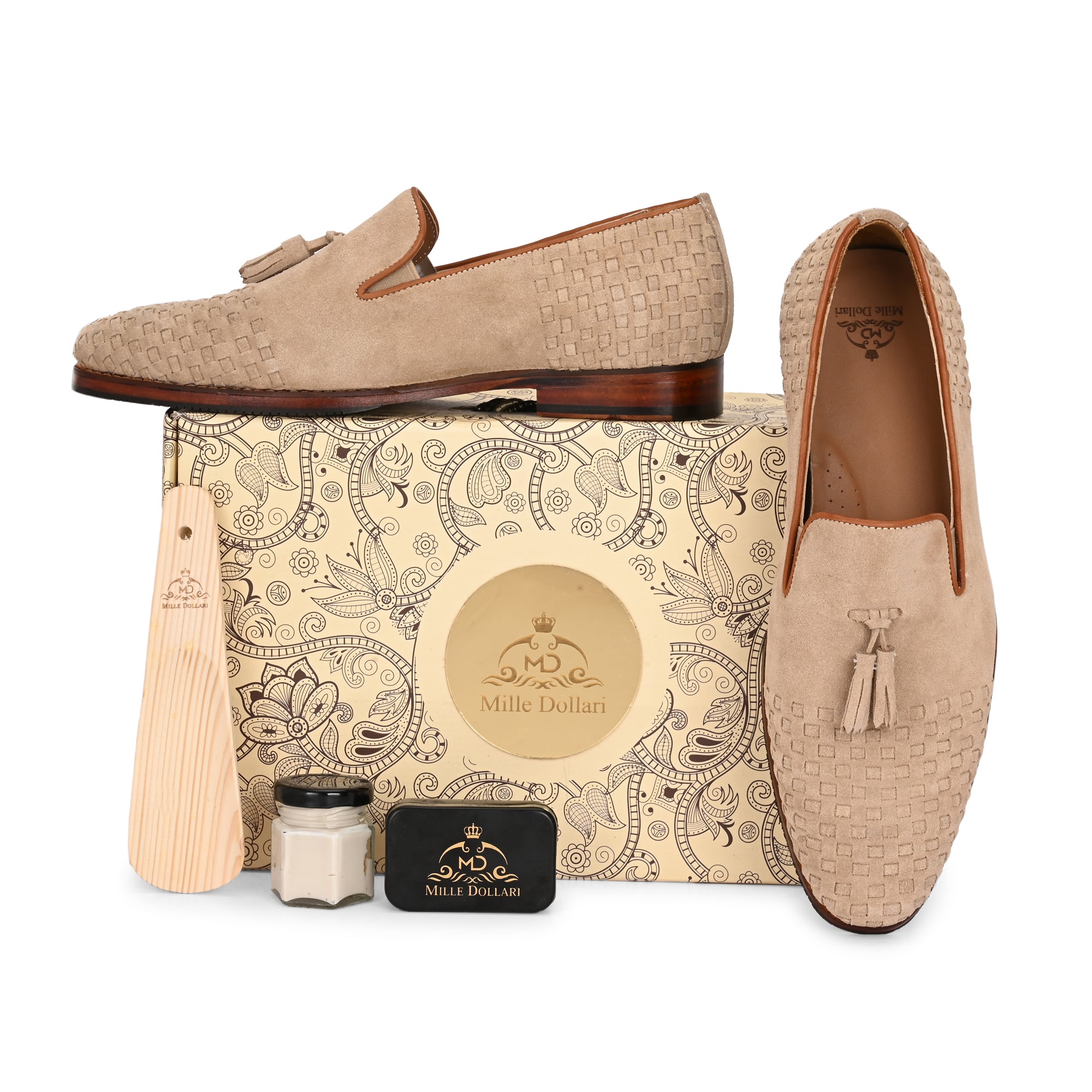 Men’s Beige Suede Woven Tassel Loafers