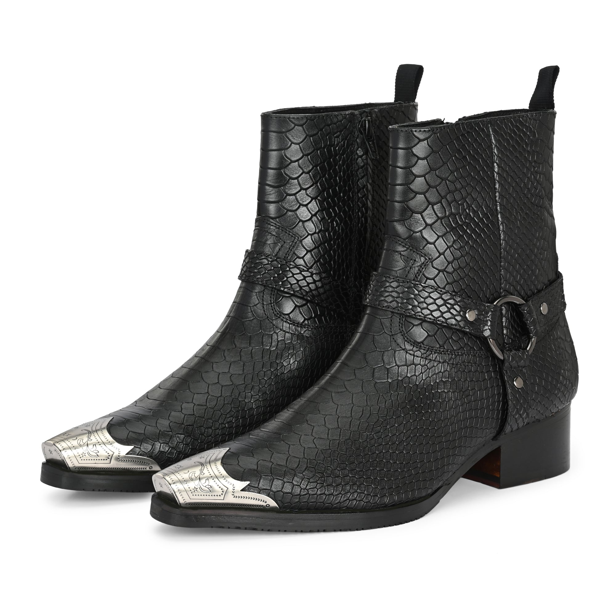 Men’s Black Snakeskin Leather Western Ankle Boots with Metal Toe Cap