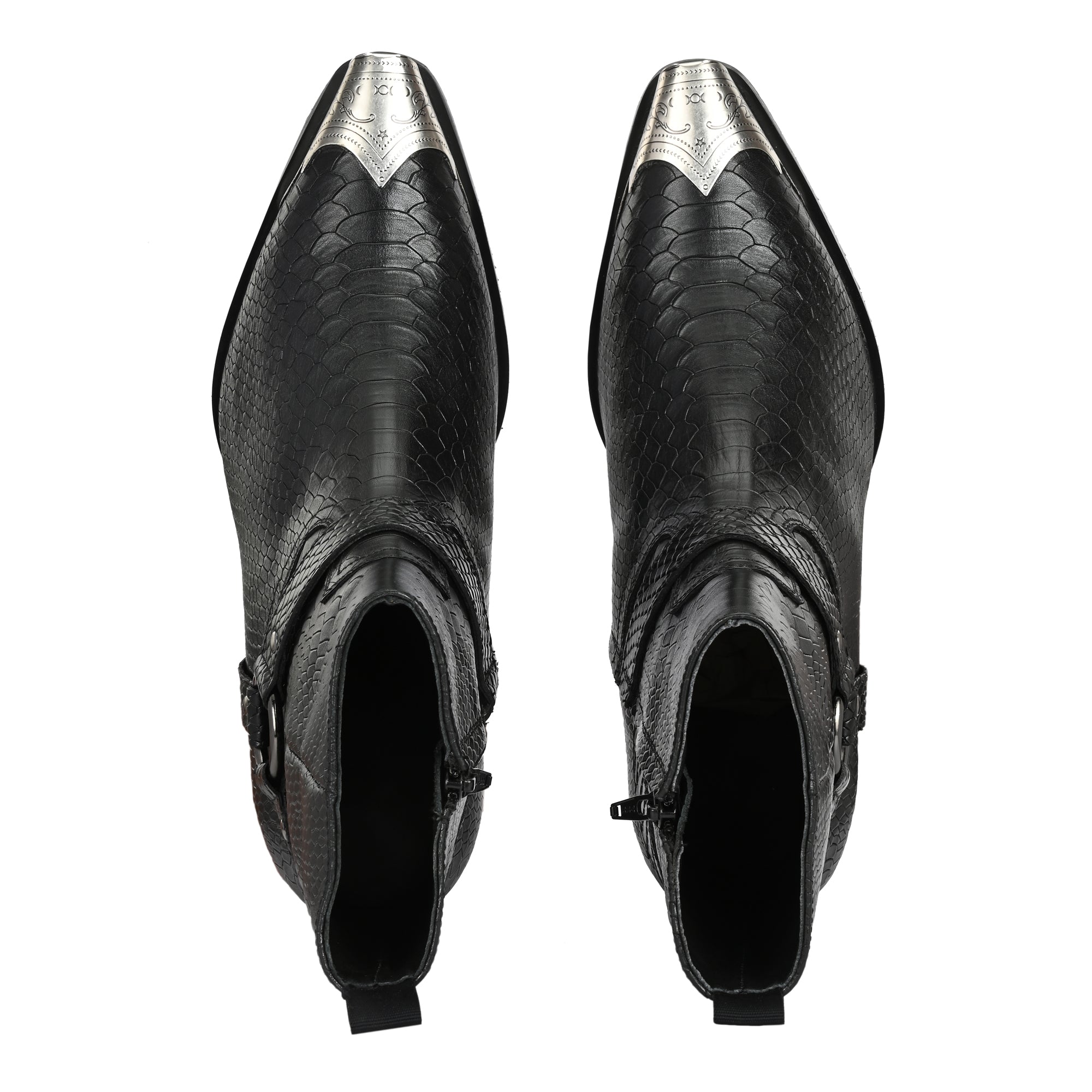 Men’s Black Snakeskin Leather Western Ankle Boots with Metal Toe Cap