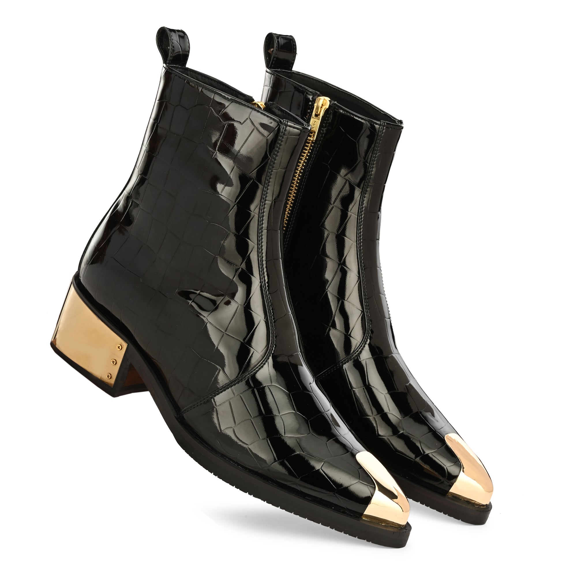 Luxury Black Patent Croc Leather Men’s Ankle Boots with Gold Toe Cap & Heel