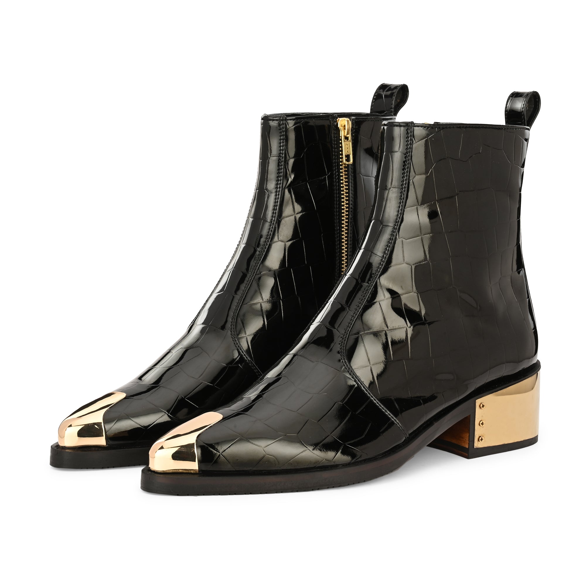Luxury Black Patent Croc Leather Men’s Ankle Boots with Gold Toe Cap & Heel