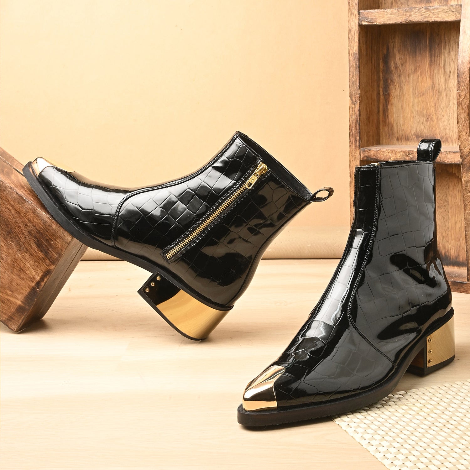 Luxury Black Patent Croc Leather Men’s Ankle Boots with Gold Toe Cap & Heel