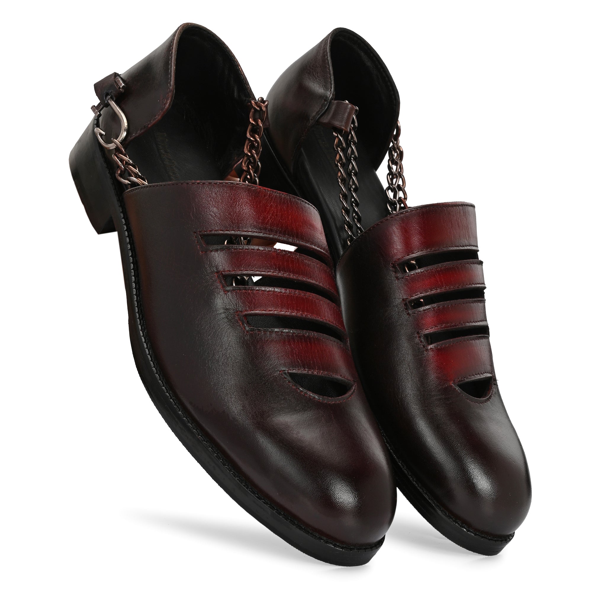 Handcrafted Men’s Leather Cut-Out Sandals with Chain Strap