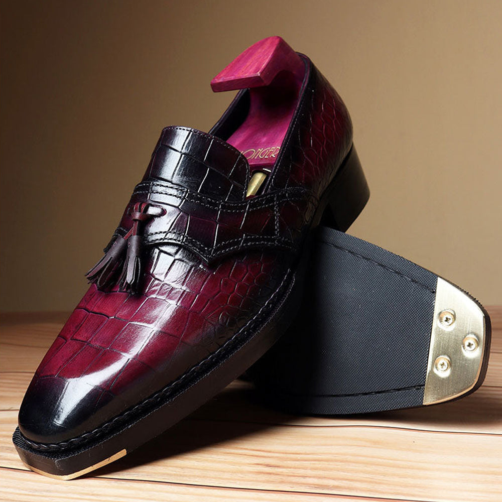 Men’s burgundy croc textured leather tassel loafers with glossy finish and premium formal design