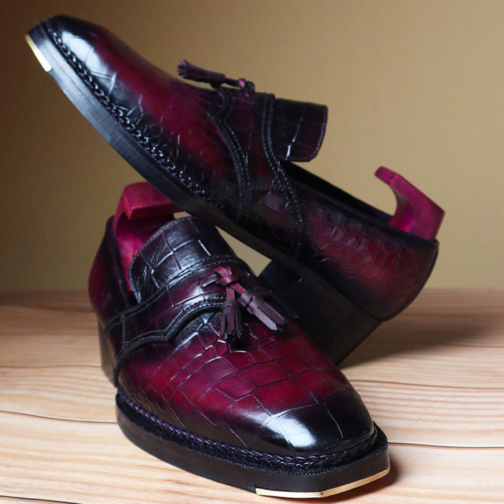 Men’s Burgundy Croc Textured Leather Tassel Loafers | Premium Formal Slip-On Dress Shoes