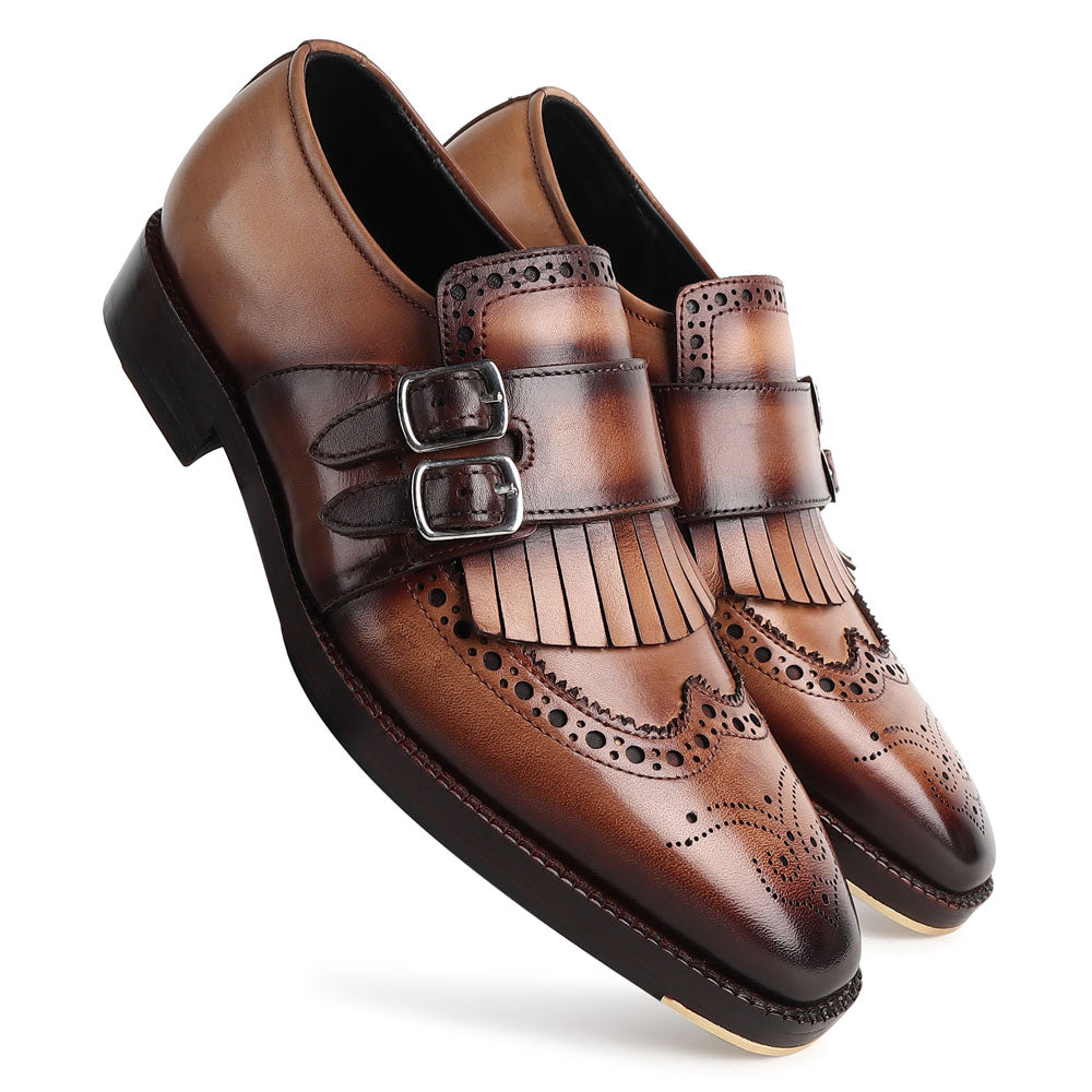 Men’s tan brown leather double monk strap brogue shoes with fringe detail and buckle closure