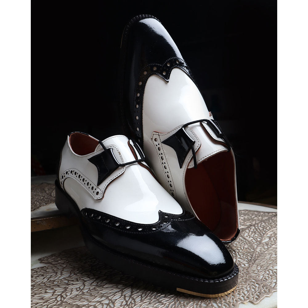 Men’s Black & White Leather Monk Strap Shoes | Premium Two-Tone Brogue Formal Shoes