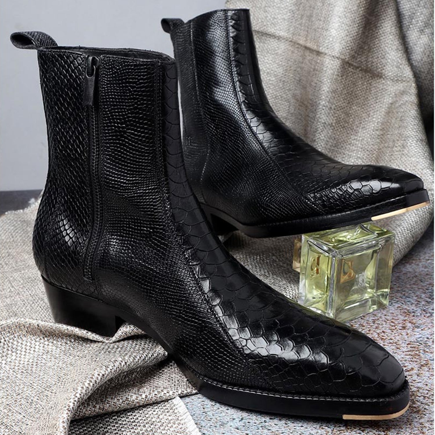 Men’s black crocodile embossed leather ankle boots with side zipper and stacked heel – luxury formal footwear for men