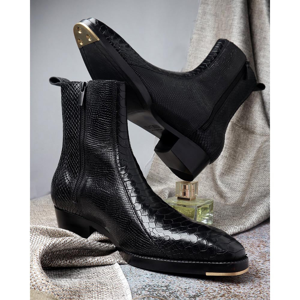 Men’s Black Crocodile Embossed Leather Ankle Boots | Premium Zipper Formal Boots
