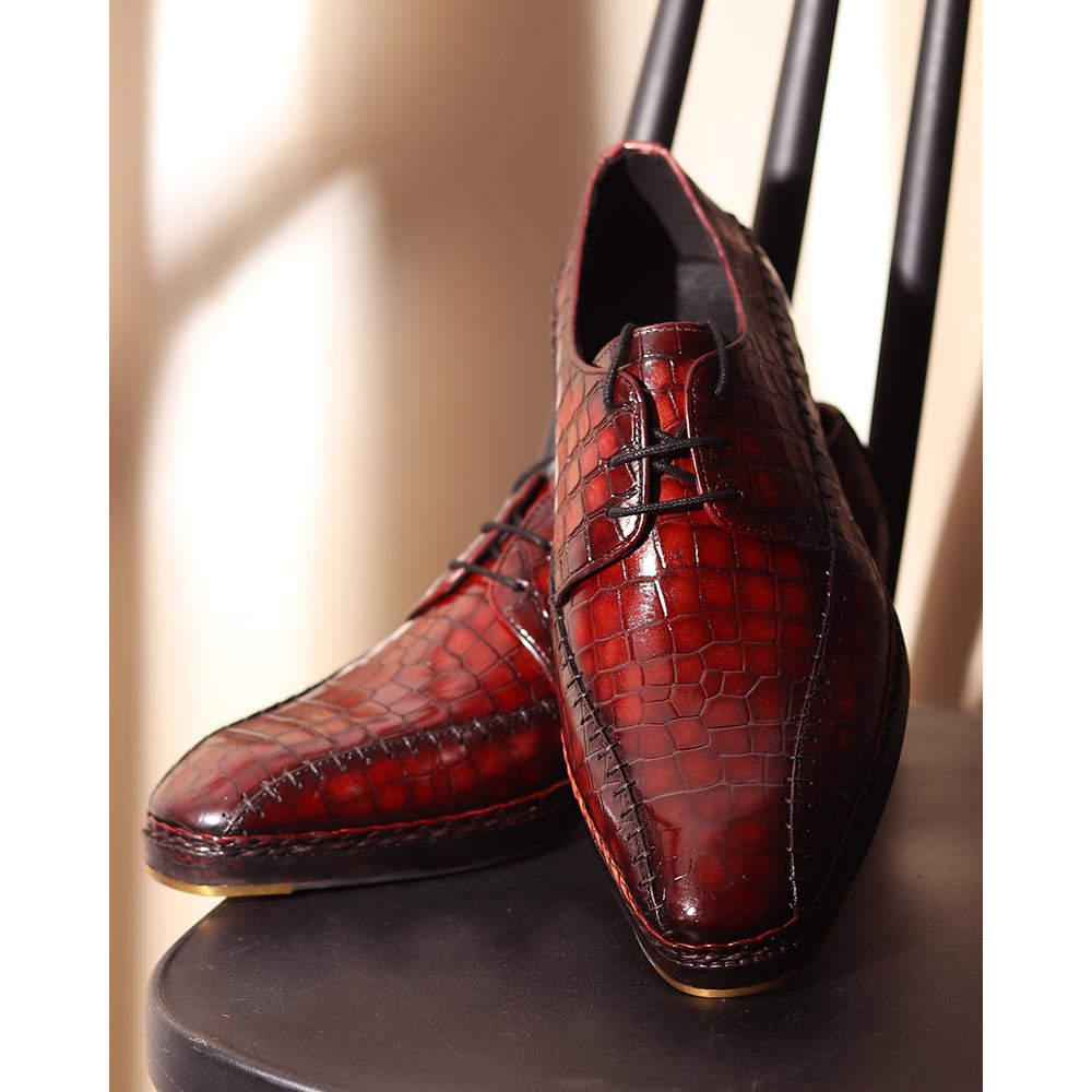 Men’s Burgundy Crocodile Embossed Leather Lace-Up Shoes | Luxury Formal Derby Shoes